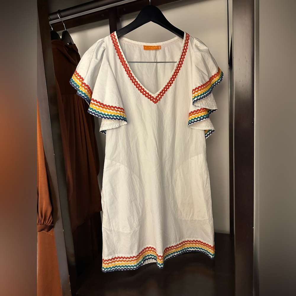 Oliphant Flutter Mini Dress, pockets, Rainbow Ric Rac Size XS (or fit Small)